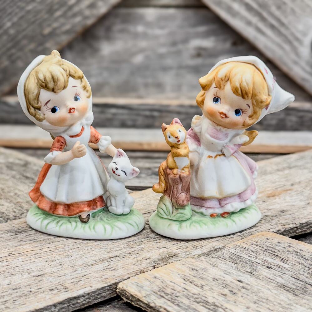 Pair of Vintage Homco Little Girl Figurines-Girl w/Cat and Girl w/ Squirrel, 3”H